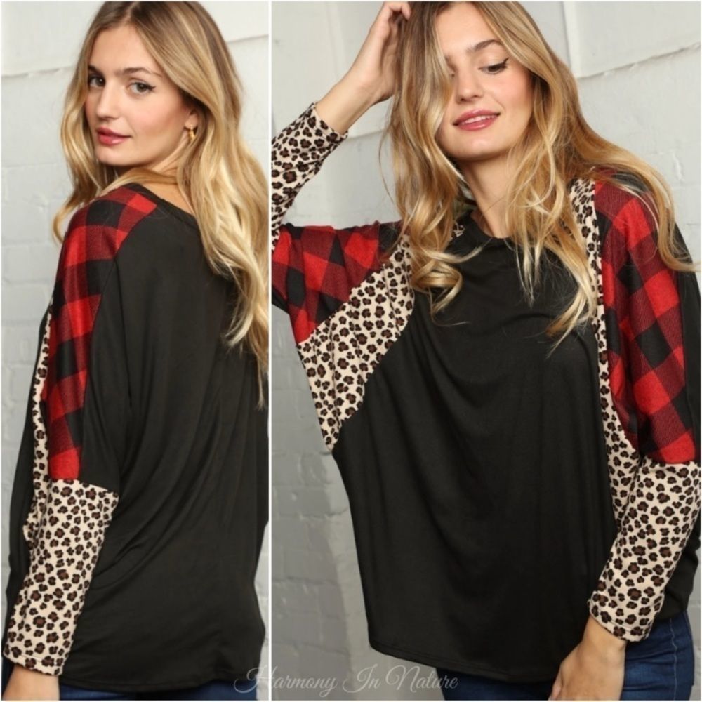 NWT Haptics Long Sleeve Top Size Small Plaid Animal Print Relaxed Fit